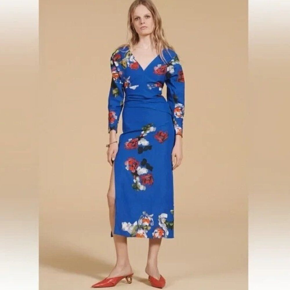 Zara Womens Midi Dress XS Blue Draped Painted Floral Linen blend 2466/798 NWT